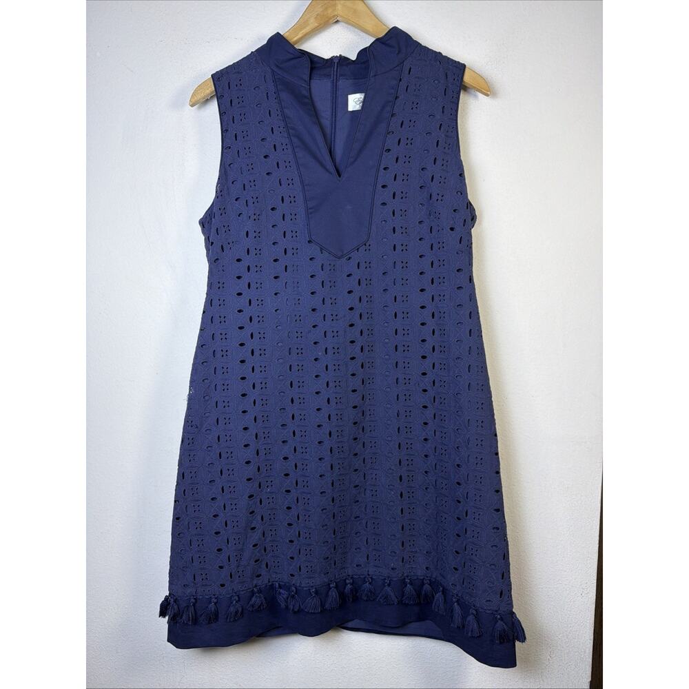 Eliza J 12 Navy Blue Eyelet Tassel Shift Split Mandarin vacation luxury resort - Picture 4 of 13